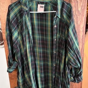 SO Women's Plaid Button Down Shirt - Green, Yellow, Black